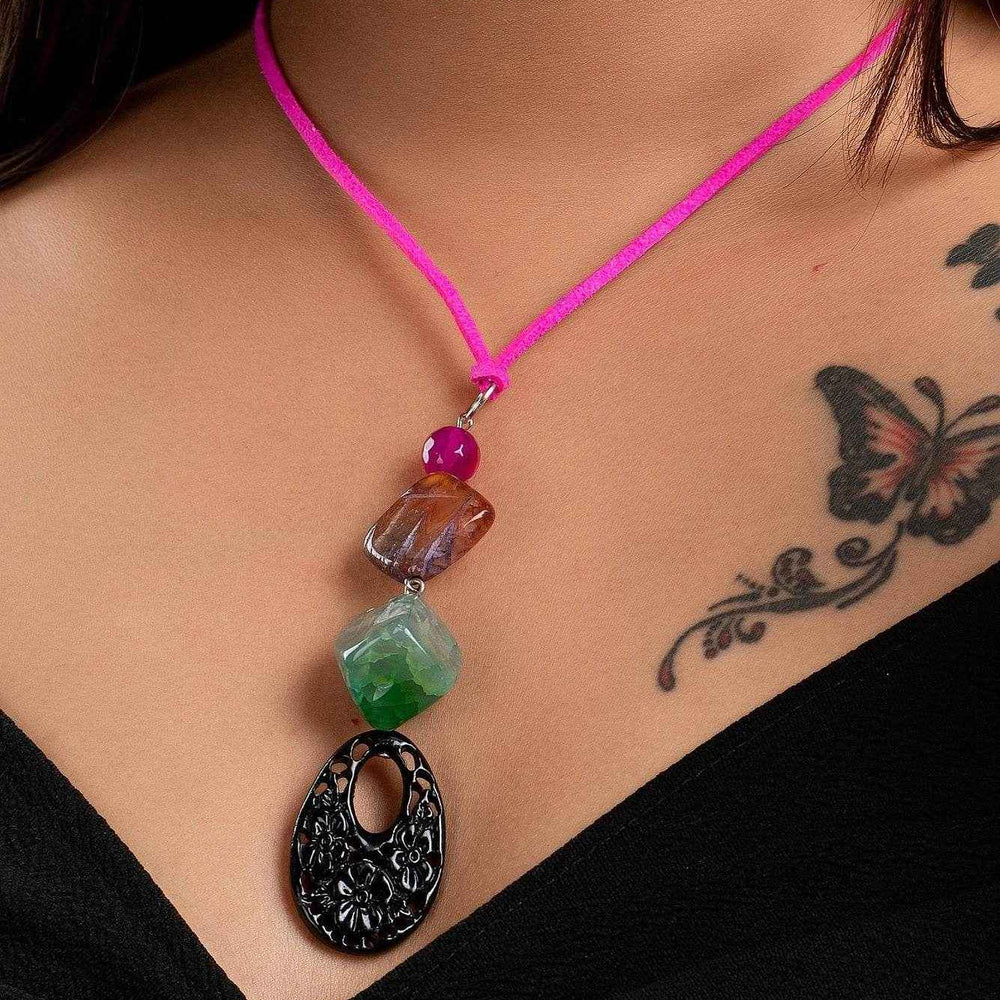 Handcrafted Agate Onyx Necklace with Pink Suede Cord - Lightweight Stylish Neckpiece for Women - Lookandadorn.com