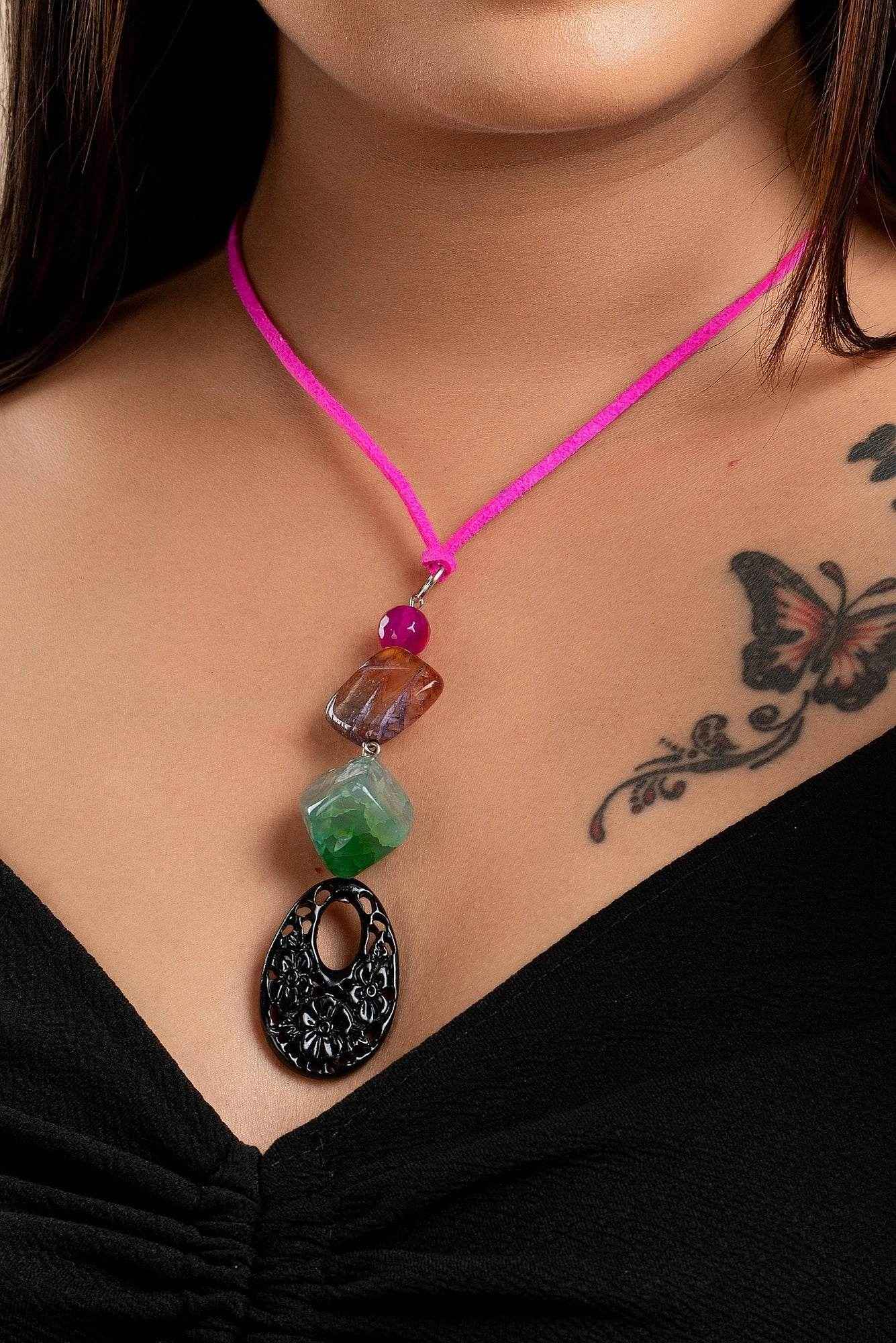 Handcrafted Agate Onyx Necklace with Pink Suede Cord - Lightweight Stylish Neckpiece for Women - Lookandadorn.com