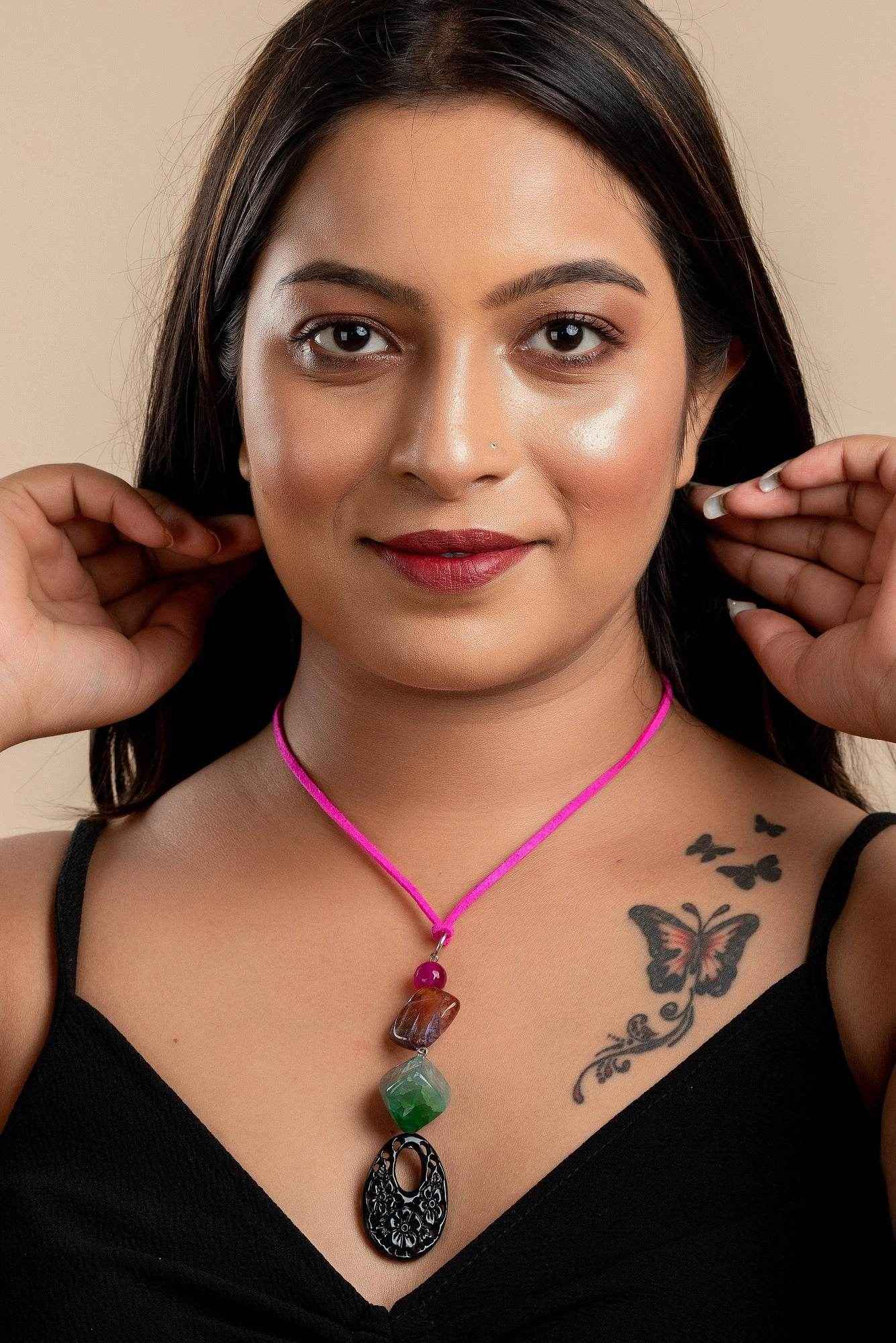 Handcrafted Agate Onyx Necklace with Pink Suede Cord - Lightweight Stylish Neckpiece for Women - Lookandadorn.com