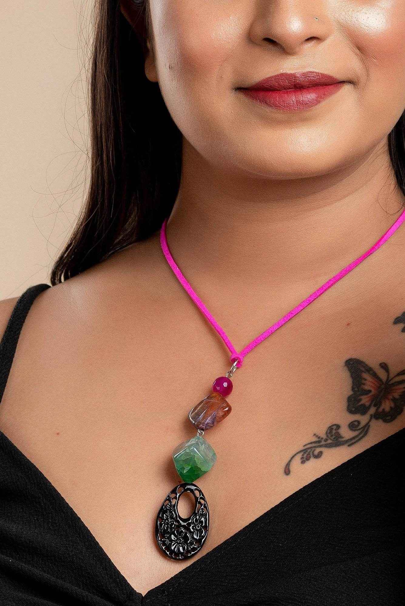 Handcrafted Agate Onyx Necklace with Pink Suede Cord - Lightweight Stylish Neckpiece for Women - Lookandadorn.com