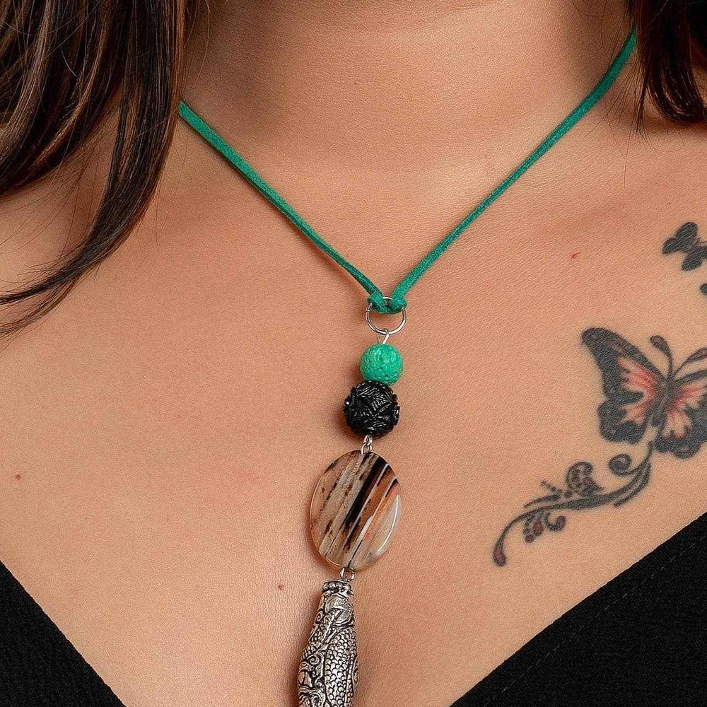 Chitai Bead Semi Precious Stone Necklace with Adjustable Green Suede Cord, Handcrafted Cotton Design - Lookandadorn.com