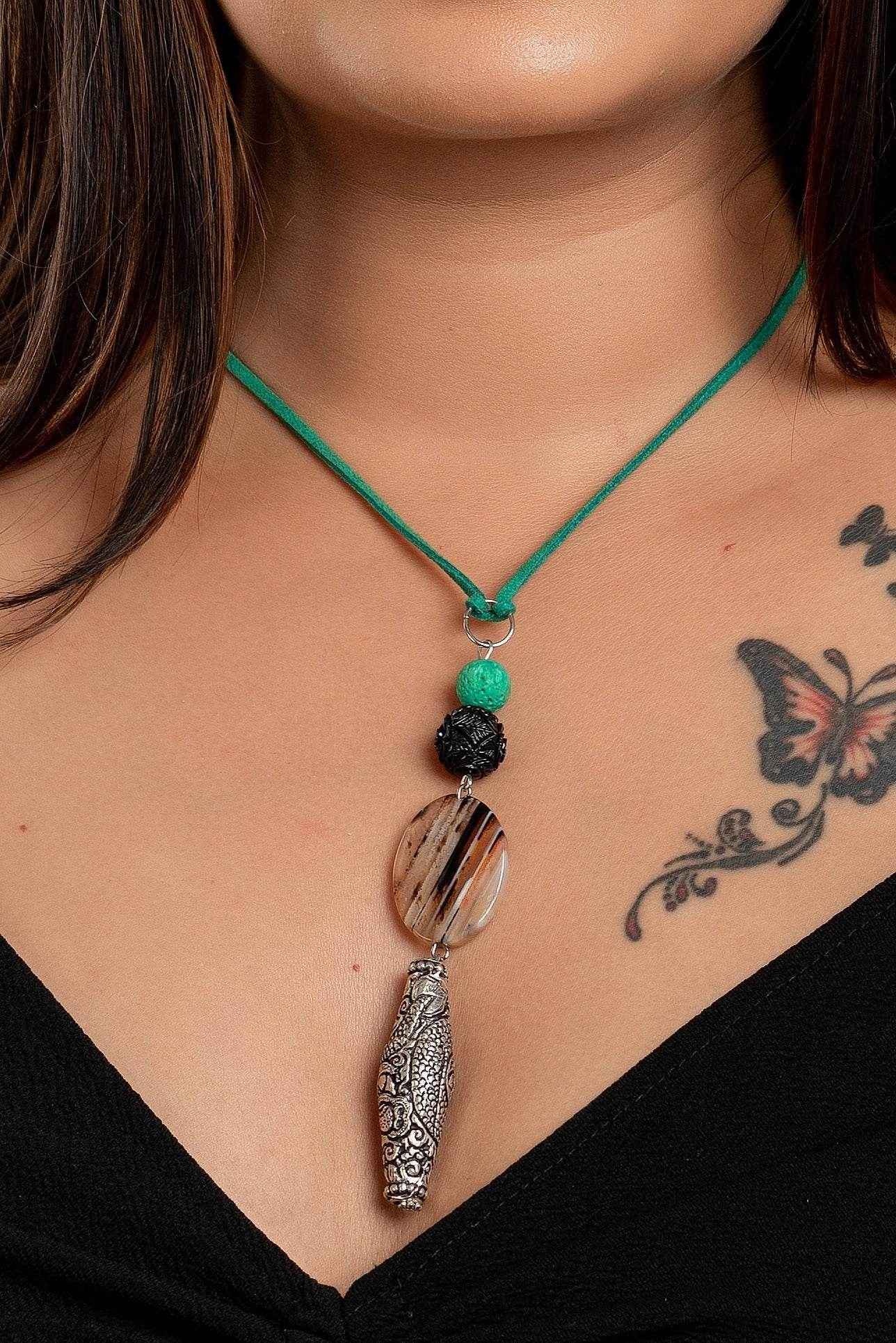 Chitai Bead Semi Precious Stone Necklace with Adjustable Green Suede Cord, Handcrafted Cotton Design - Lookandadorn.com