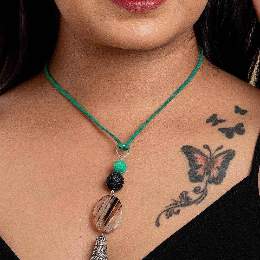 Chitai Bead Semi Precious Stone Necklace with Adjustable Green Suede Cord, Handcrafted Cotton Design - Lookandadorn.com