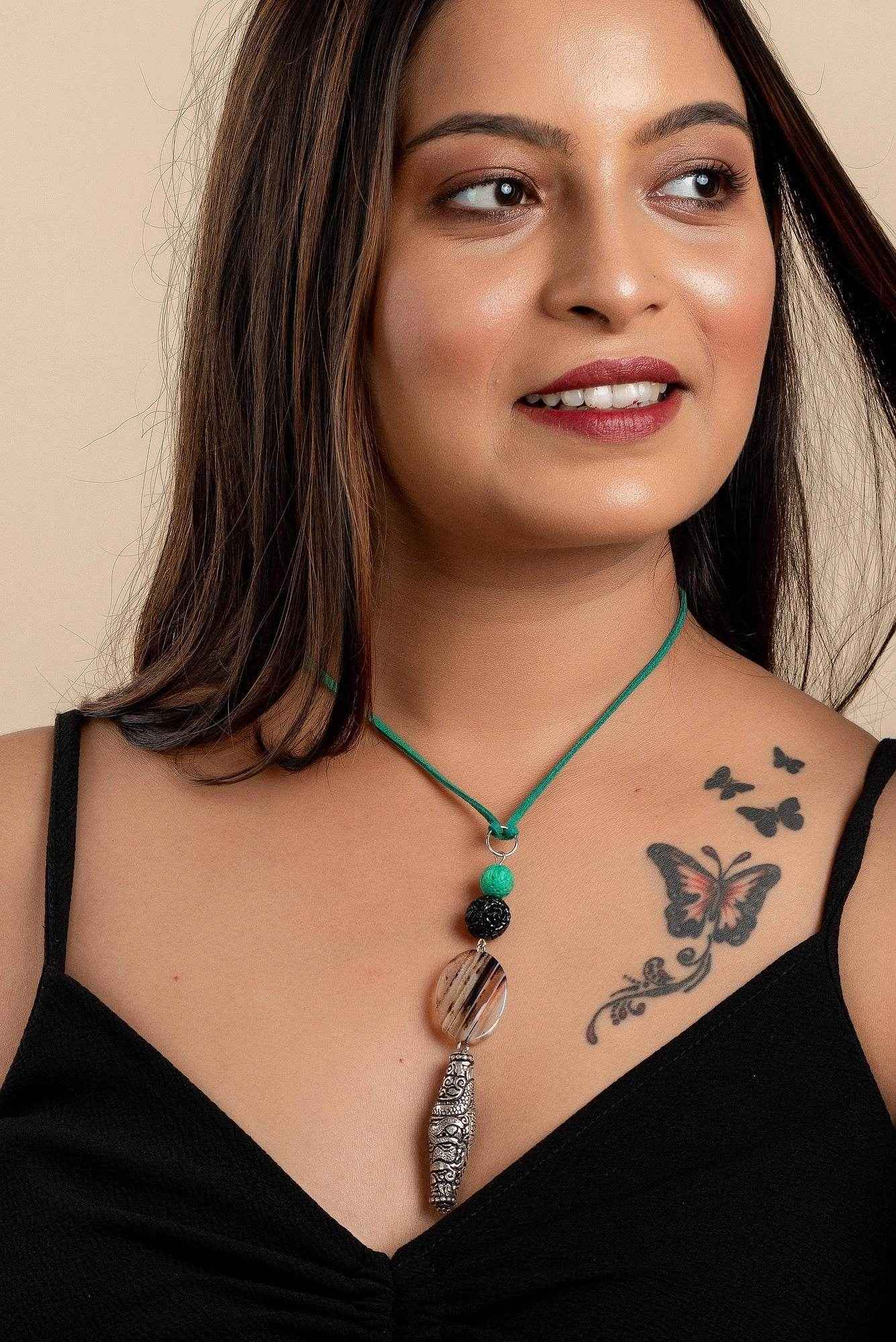 Chitai Bead Semi Precious Stone Necklace with Adjustable Green Suede Cord, Handcrafted Cotton Design - Lookandadorn.com