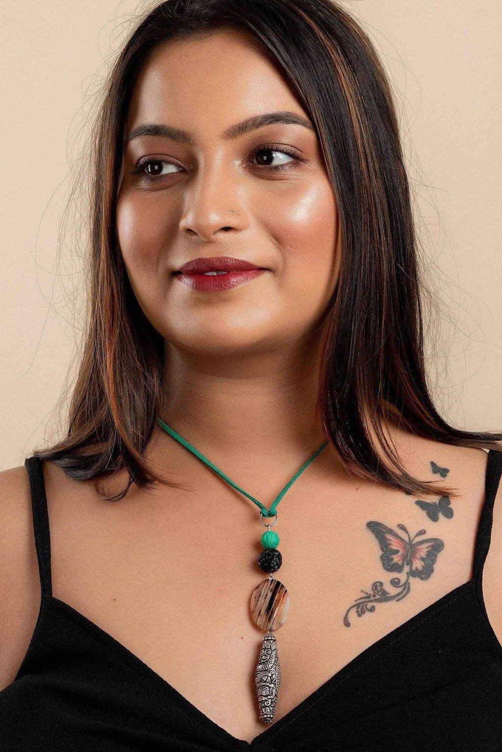Chitai Bead Semi Precious Stone Necklace with Adjustable Green Suede Cord, Handcrafted Cotton Design - Lookandadorn.com