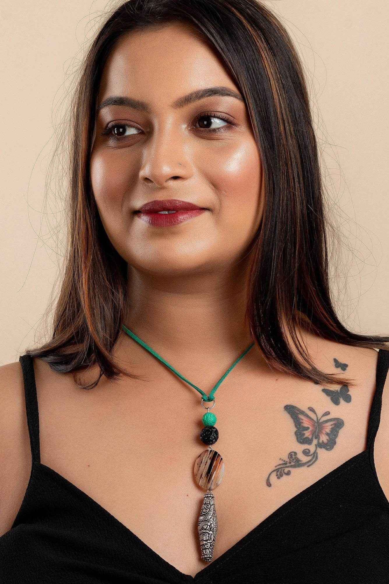 Chitai Bead Semi Precious Stone Necklace with Adjustable Green Suede Cord, Handcrafted Cotton Design - Lookandadorn.com