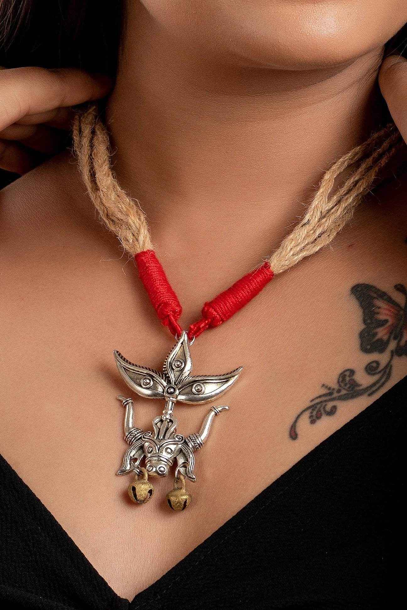 Designer Devi Pendant Necklace with Brass Ghungroo and Adjustable Red Beige Jute Dori - Lookandadorn.com