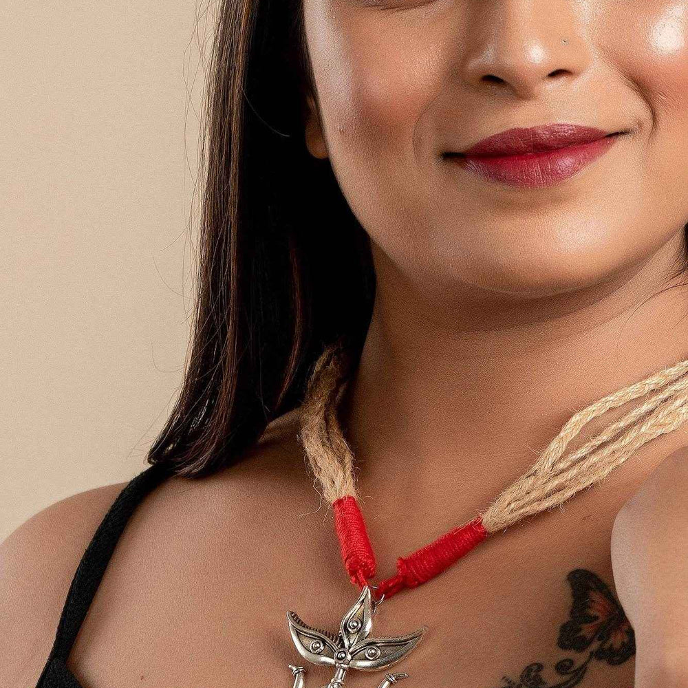 Designer Devi Pendant Necklace with Brass Ghungroo and Adjustable Red Beige Jute Dori - Lookandadorn.com