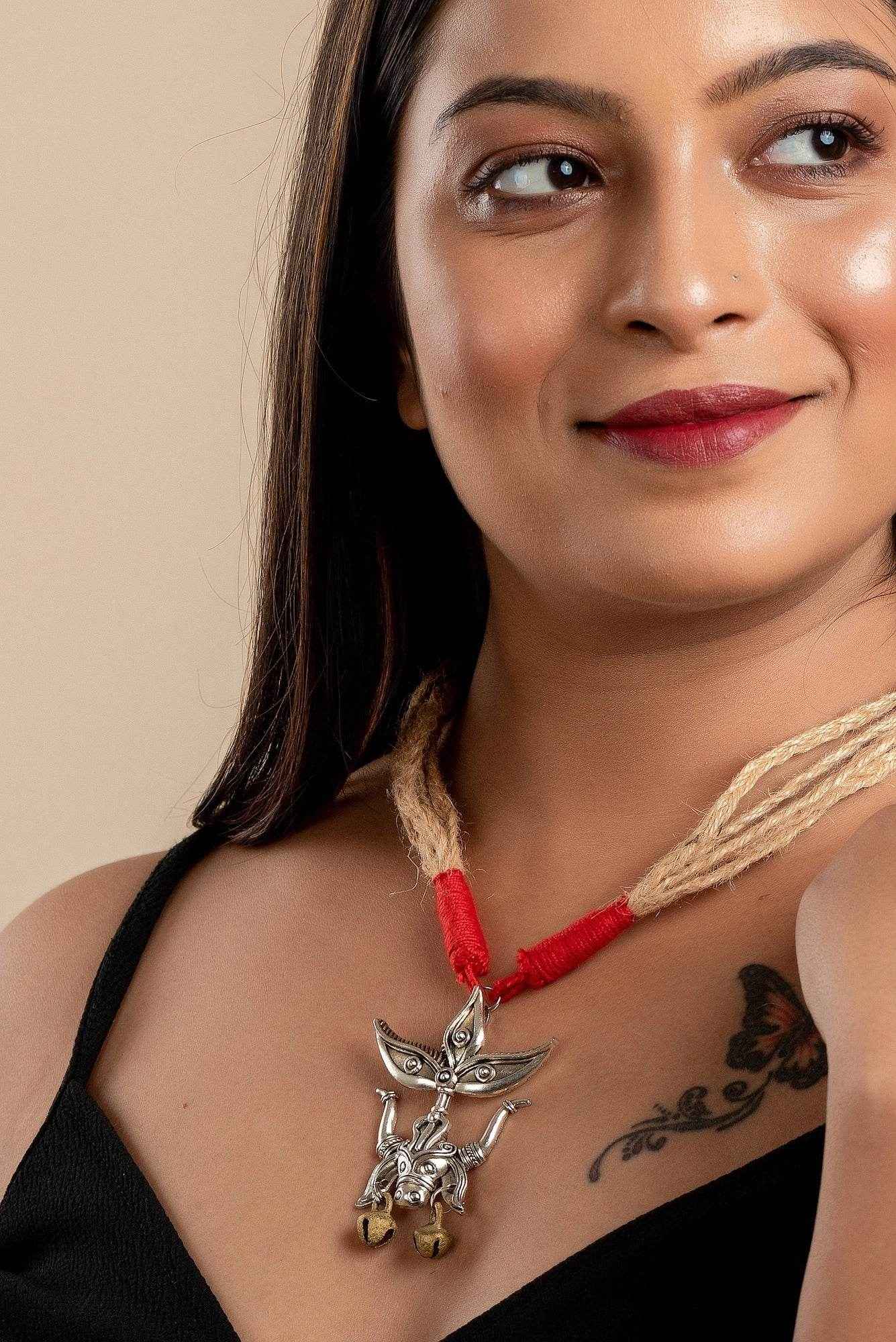Designer Devi Pendant Necklace with Brass Ghungroo and Adjustable Red Beige Jute Dori - Lookandadorn.com