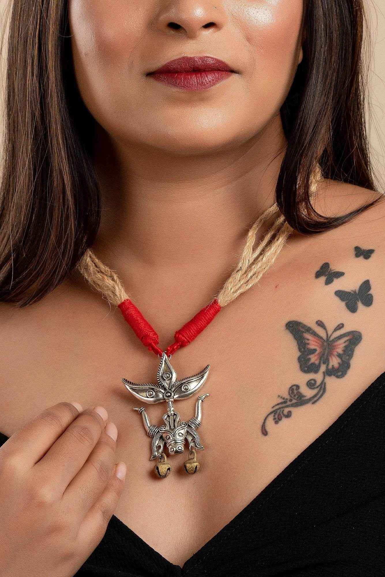 Designer Devi Pendant Necklace with Brass Ghungroo and Adjustable Red Beige Jute Dori - Lookandadorn.com