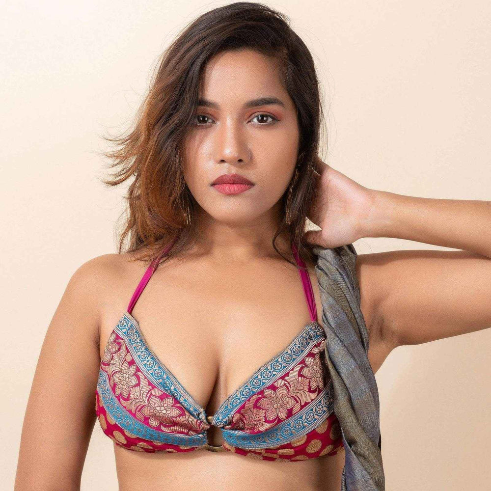 Designer Embroidered Lace Backless Halter Neck Non Padded Bikini Blouse - Lookandadorn.com