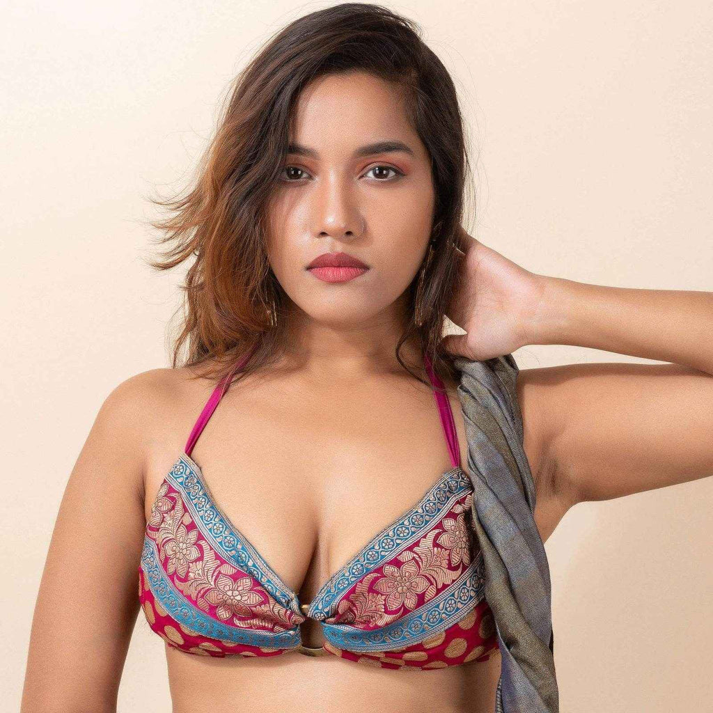 Designer Embroidered Lace Backless Halter Neck Non Padded Bikini Blouse - Lookandadorn.com