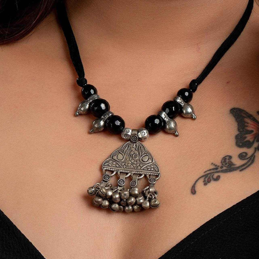 Designer Tribal Pendant Black Onyx Stone Necklace with Adjustable Dori and Handcrafted Cotton Fabric - Lookandadorn.com