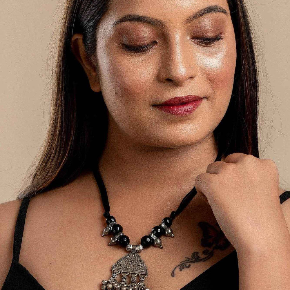 Designer Tribal Pendant Black Onyx Stone Necklace with Adjustable Dori and Handcrafted Cotton Fabric - Lookandadorn.com