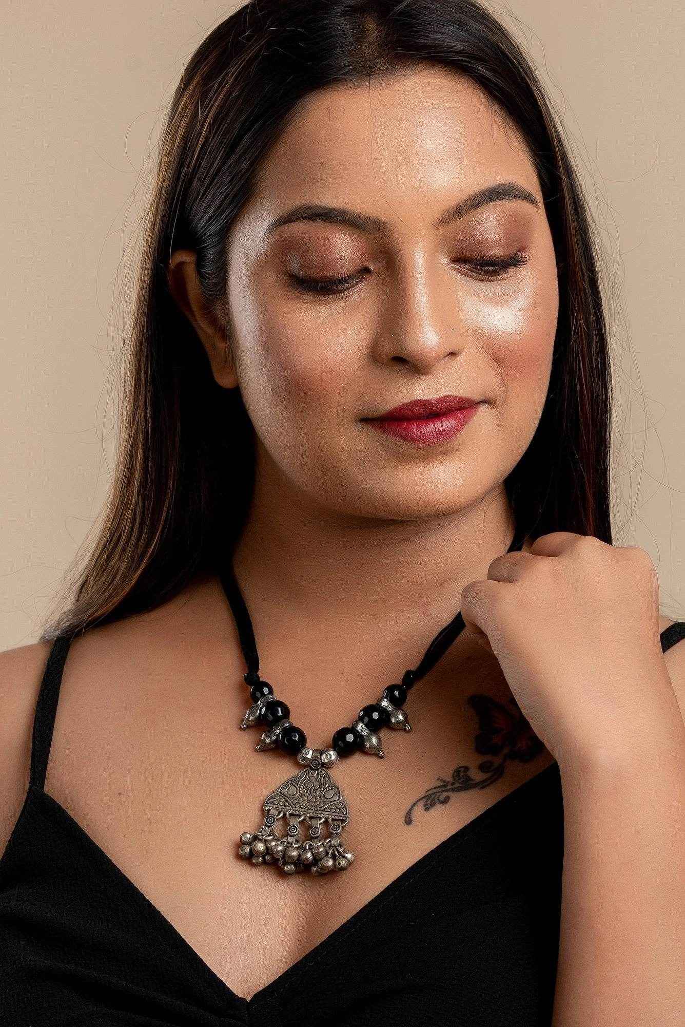 Designer Tribal Pendant Black Onyx Stone Necklace with Adjustable Dori and Handcrafted Cotton Fabric - Lookandadorn.com