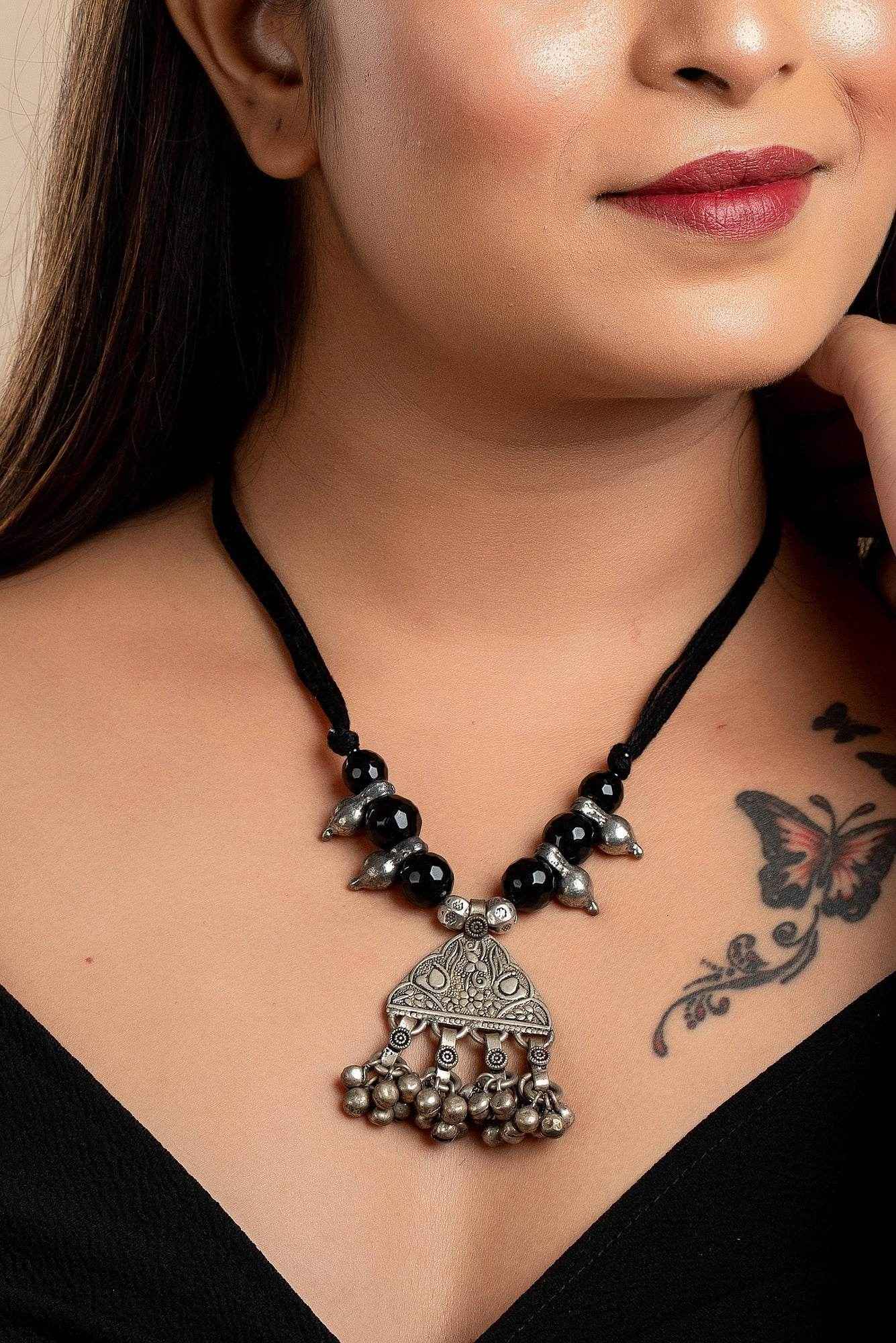 Designer Tribal Pendant Black Onyx Stone Necklace with Adjustable Dori and Handcrafted Cotton Fabric - Lookandadorn.com