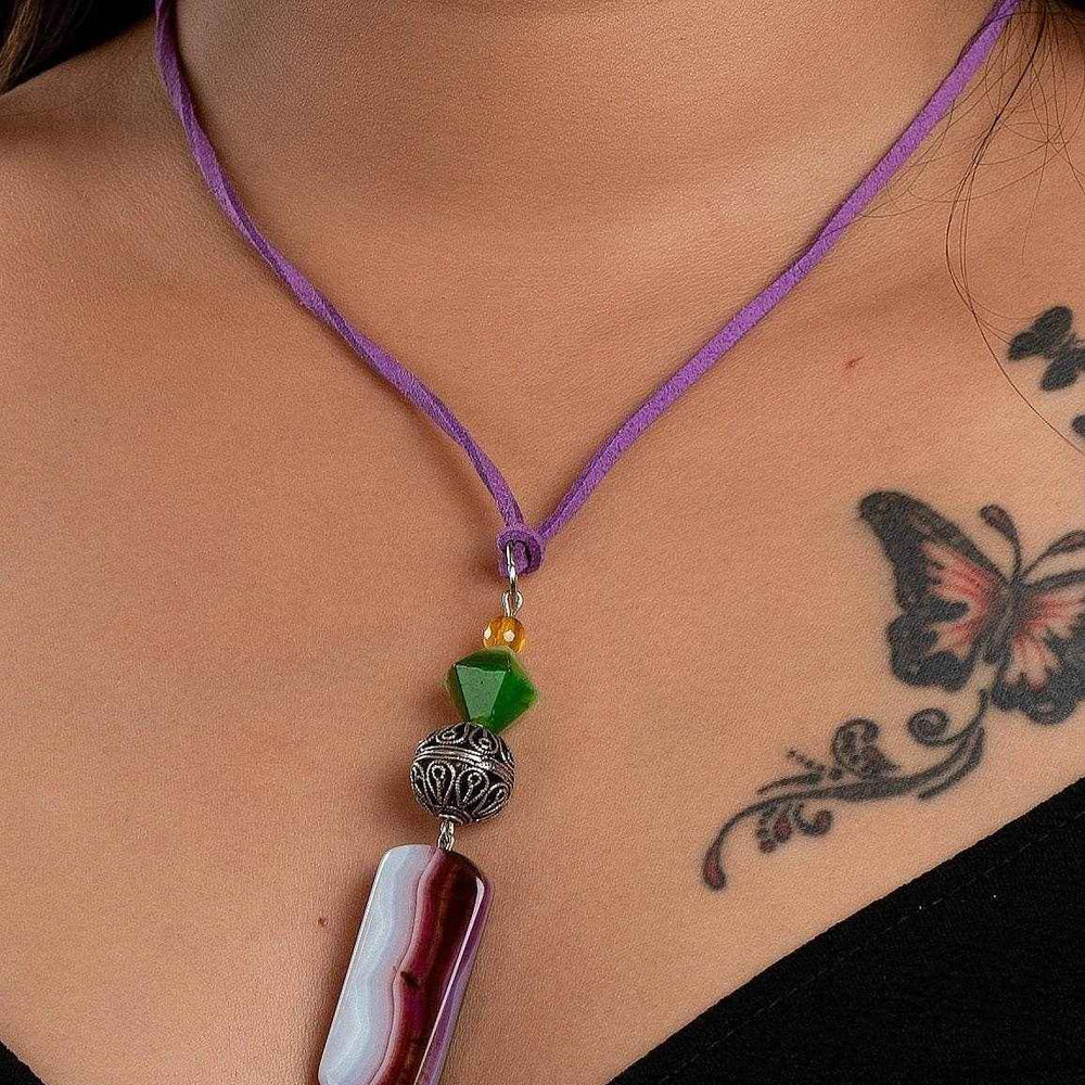 Handmade Agate Onyx Jewelry, Designer German Silver Filigree Neckpiece with Adjustable Suede Cord - Lookandadorn.com