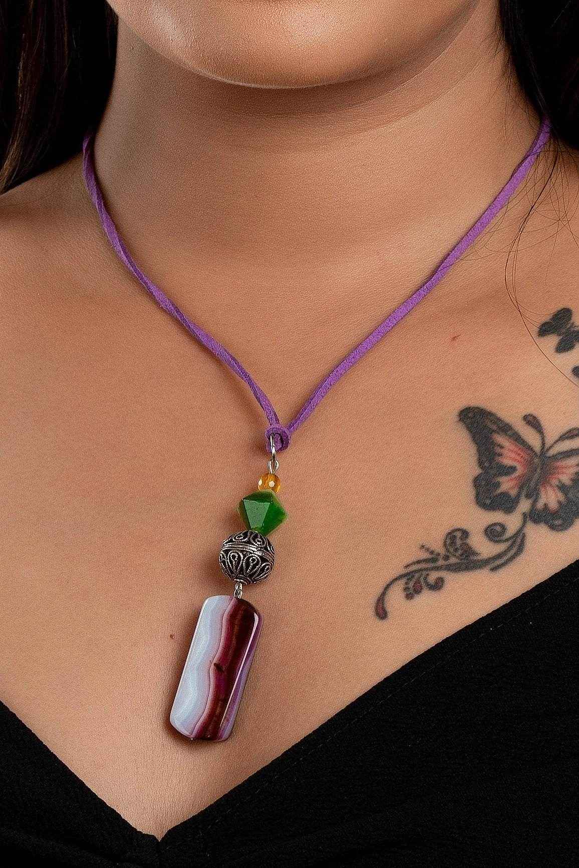 Handmade Agate Onyx Jewelry, Designer German Silver Filigree Neckpiece with Adjustable Suede Cord - Lookandadorn.com