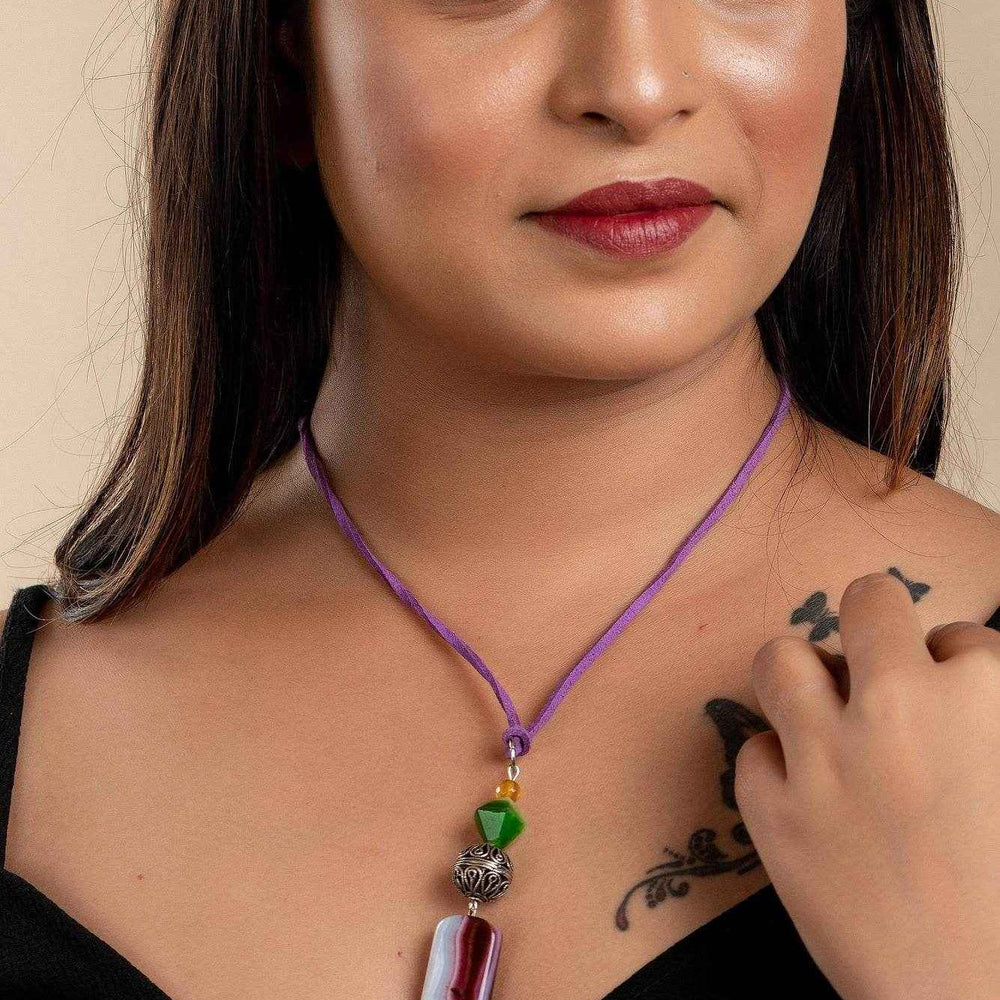 Handmade Agate Onyx Jewelry, Designer German Silver Filigree Neckpiece with Adjustable Suede Cord - Lookandadorn.com