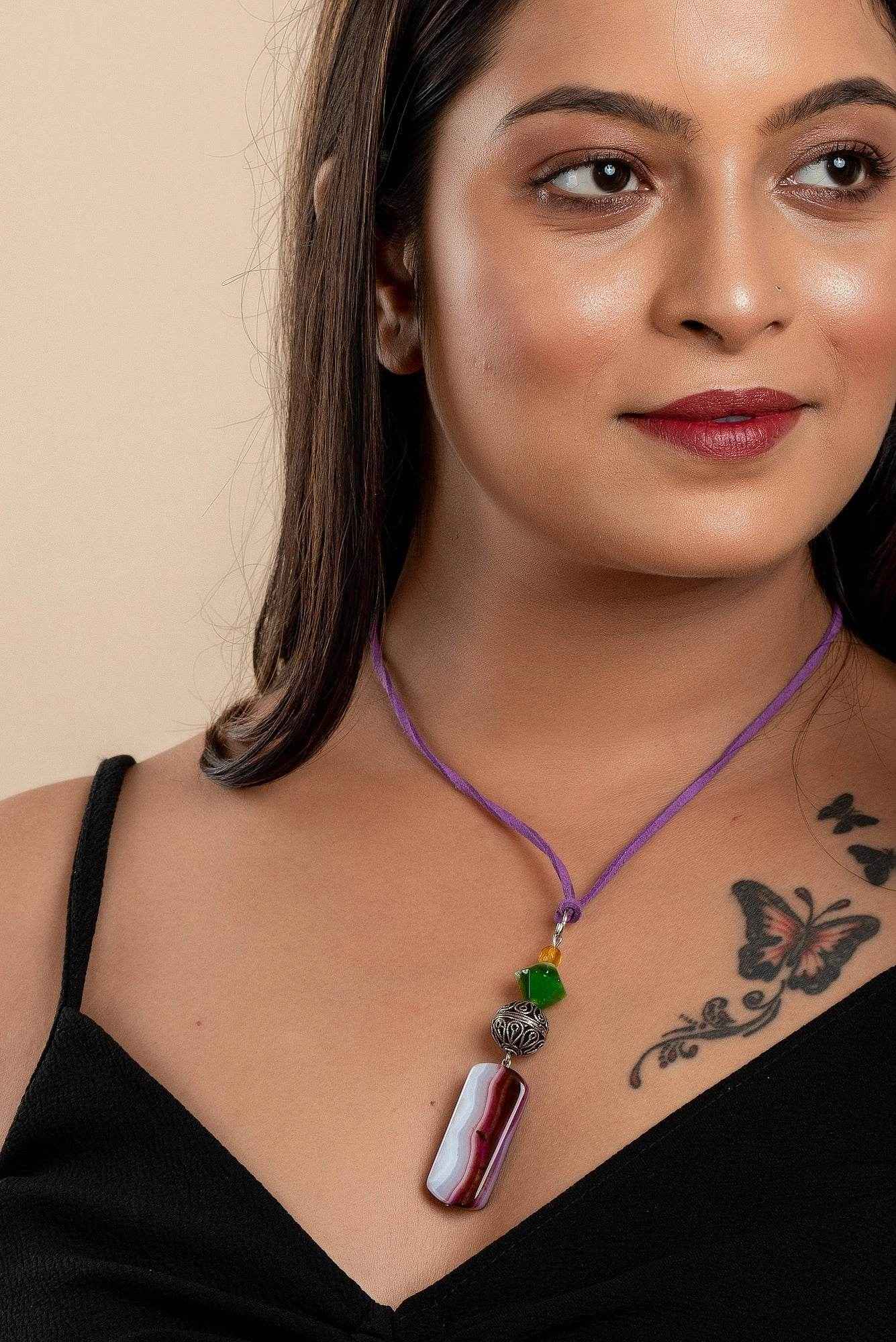 Handmade Agate Onyx Jewelry, Designer German Silver Filigree Neckpiece with Adjustable Suede Cord - Lookandadorn.com