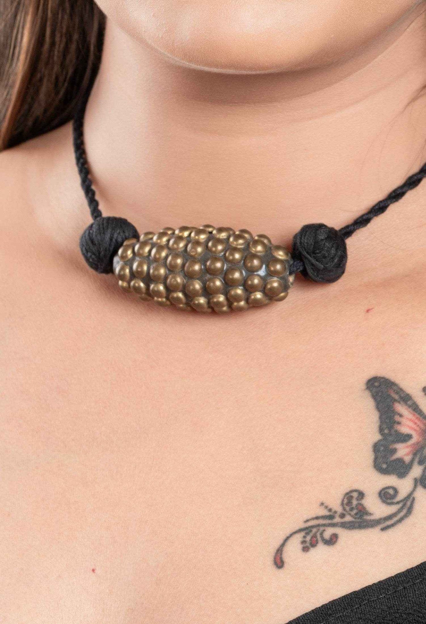 Handcrafted Golden Black Brass Choker Necklace with Adjustable Cotton Dori for Women - Lookandadorn.com