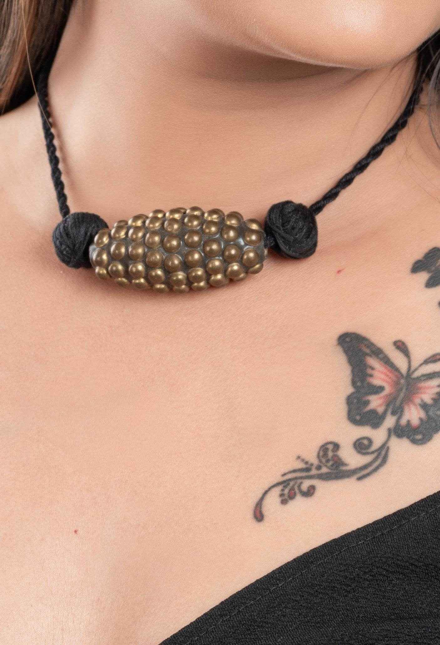 Handcrafted Golden Black Brass Choker Necklace with Adjustable Cotton Dori for Women - Lookandadorn.com