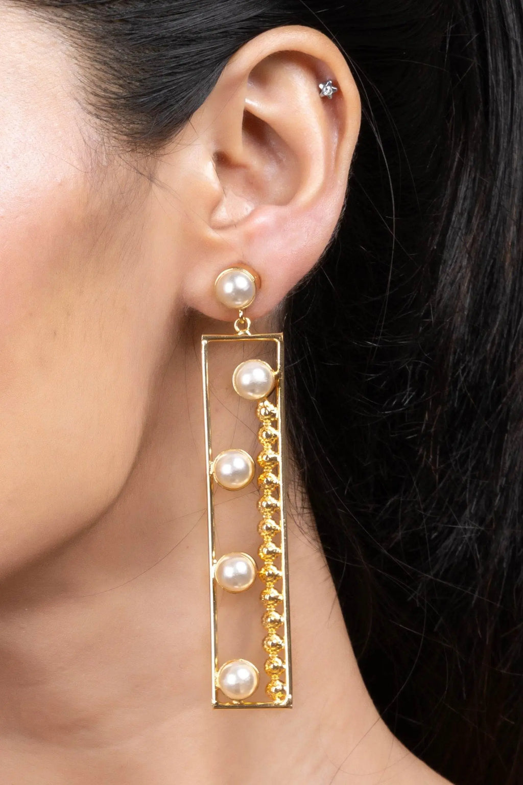 Designer Golden Brass Pearl Dangle Earrings, Non-Allergic - Lookandadorn.com