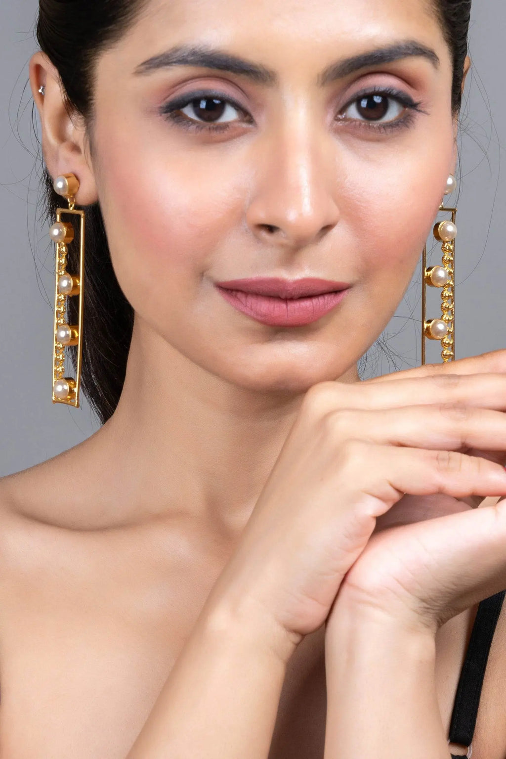 Designer Golden Brass Pearl Dangle Earrings, Non-Allergic - Lookandadorn.com