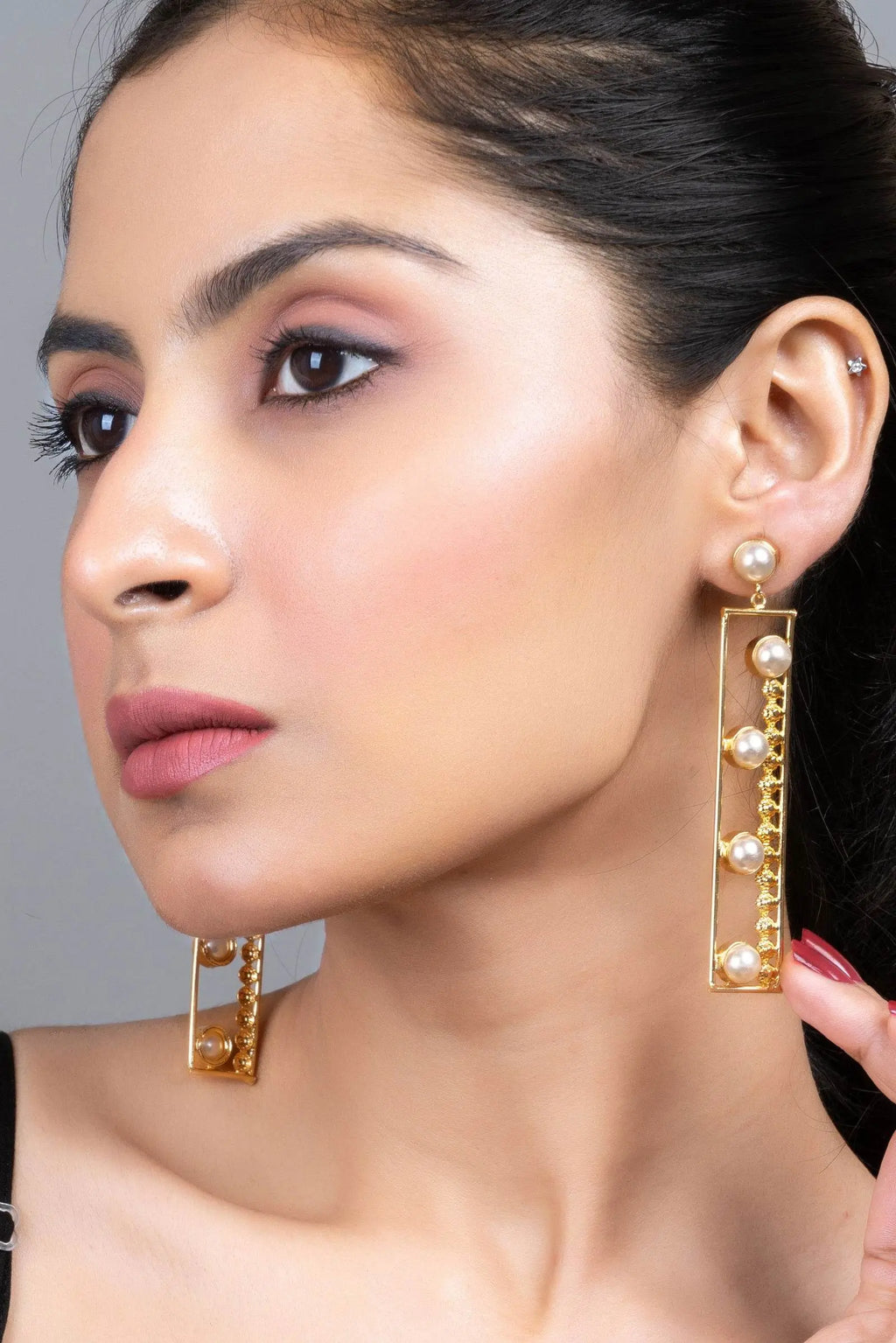 Designer Golden Brass Pearl Dangle Earrings, Non-Allergic - Lookandadorn.com