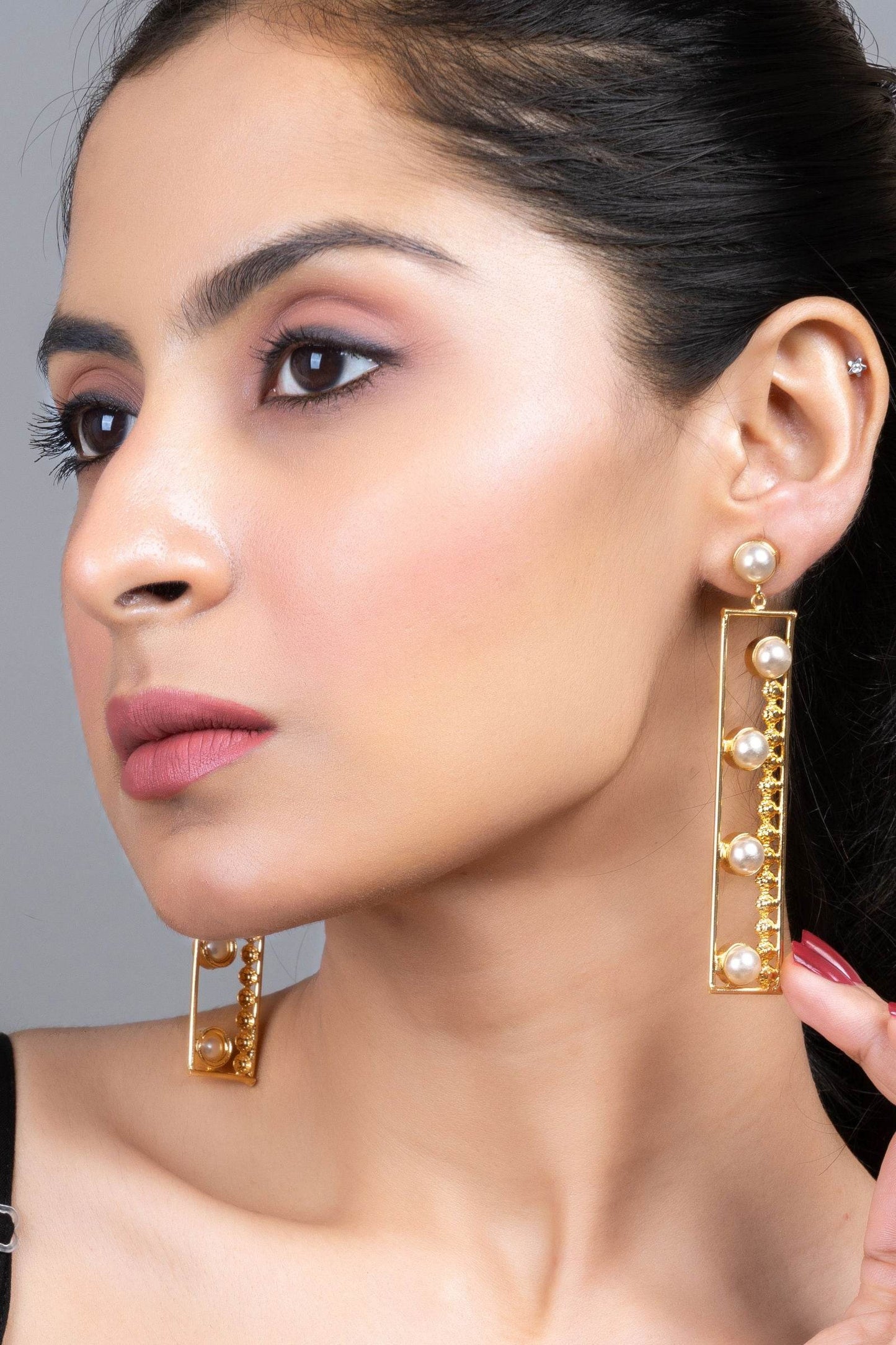 Designer Golden Brass Pearl Dangle Earrings, Non-Allergic - Lookandadorn.com
