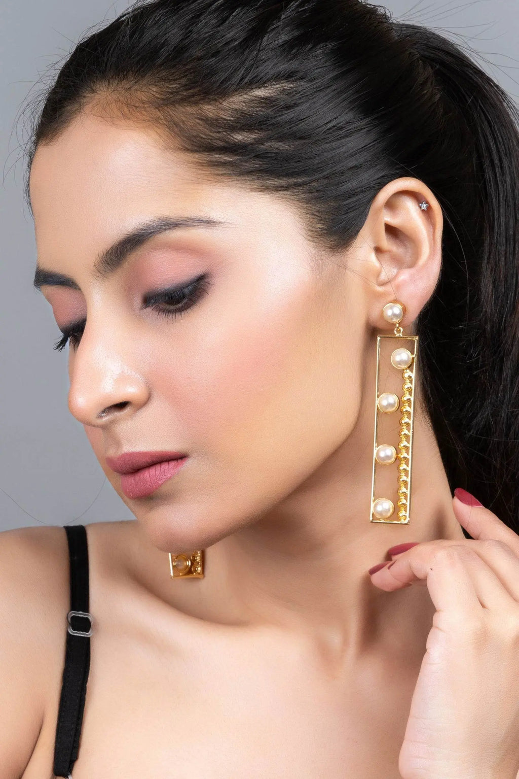 Designer Golden Brass Pearl Dangle Earrings, Non-Allergic - Lookandadorn.com