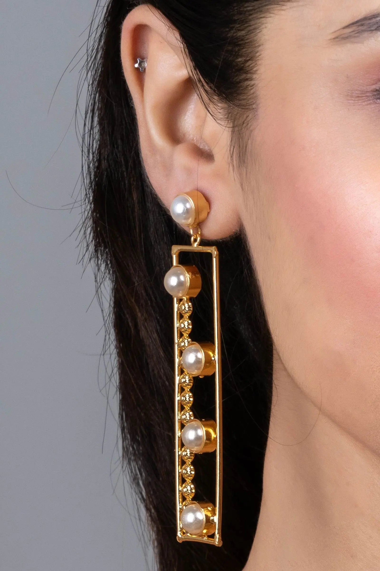 Designer Golden Brass Pearl Dangle Earrings, Non-Allergic - Lookandadorn.com