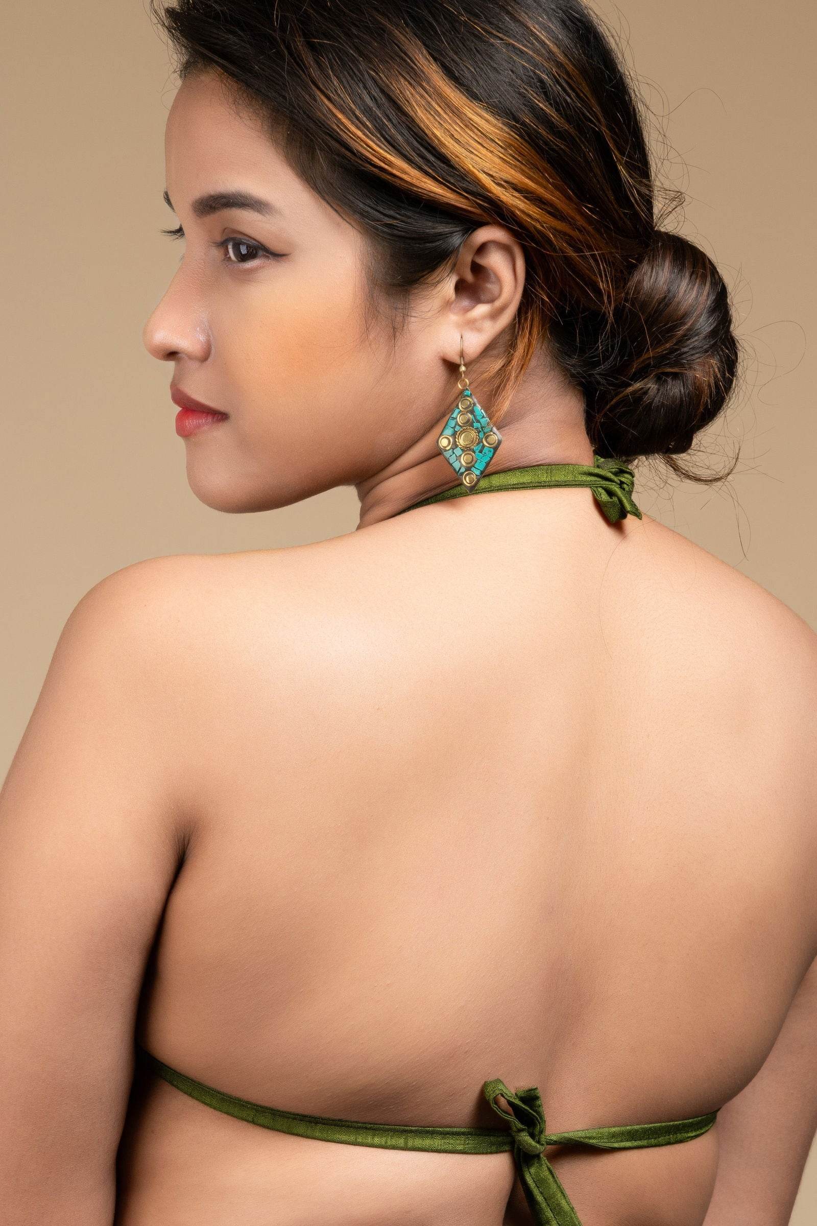 Designer Green Backless Halter Neck Non Padded Bikini Blouse For Women - Lookandadorn.com