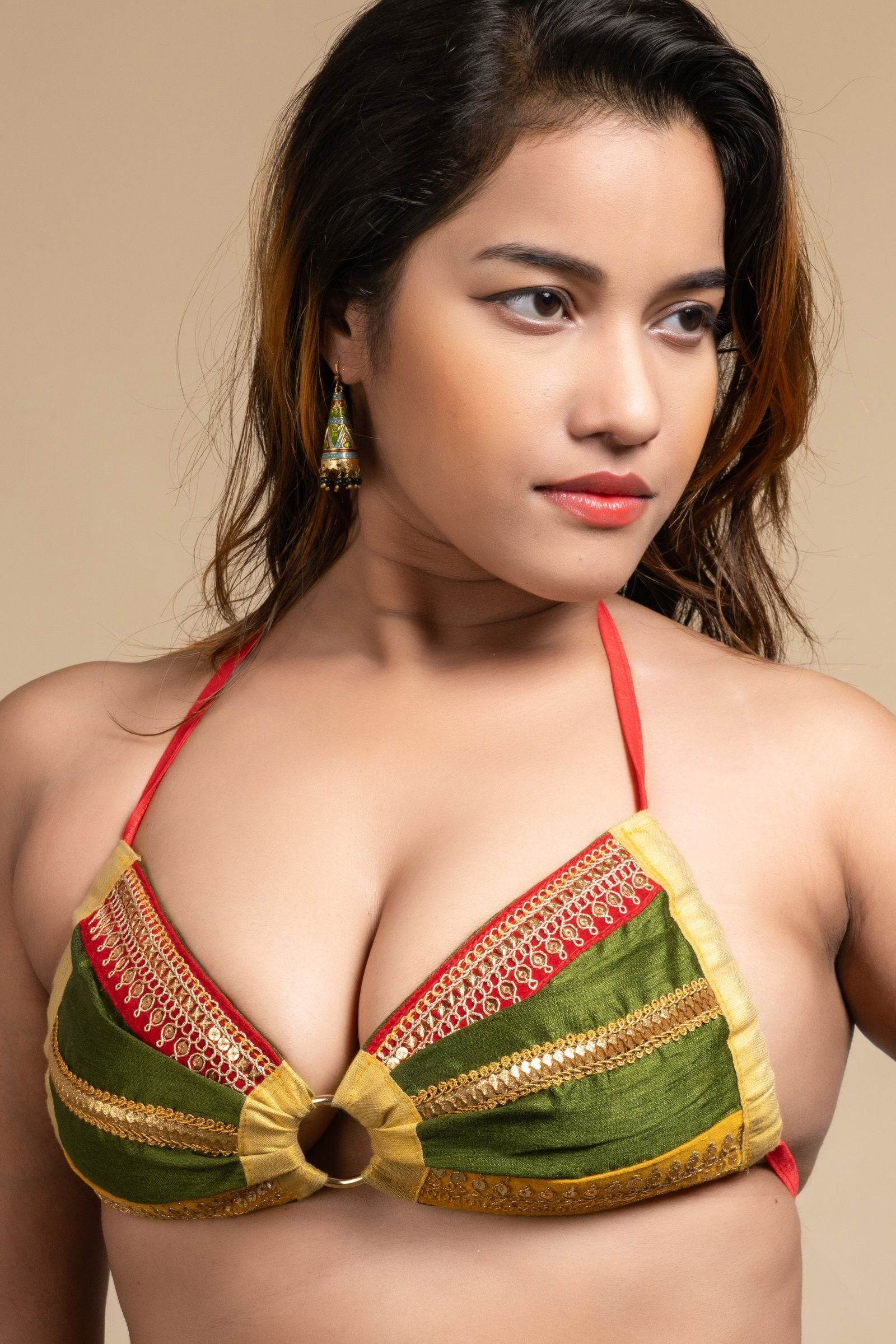 Designer Green Lace Work Backless Halter Neck Non Padded Bikini Blouse For Women - Lookandadorn.com