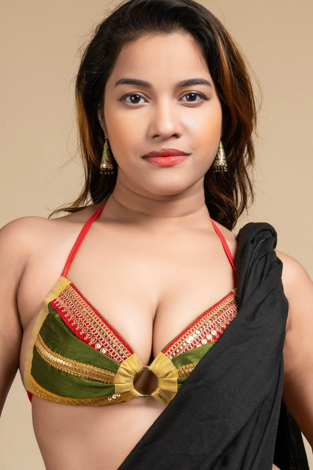 Designer Green Lace Work Backless Halter Neck Non Padded Bikini Blouse For Women - Lookandadorn.com