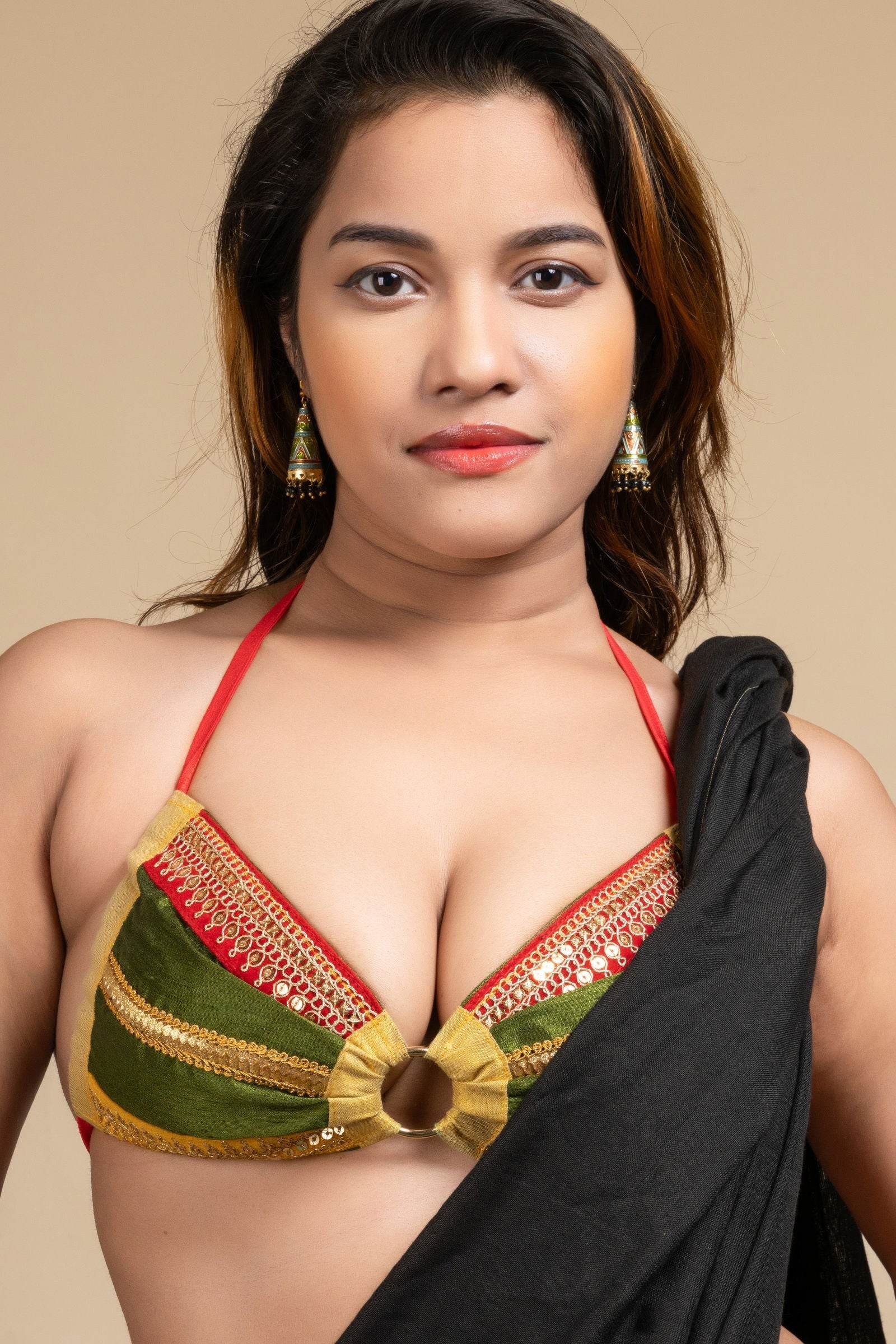 Designer Green Lace Work Backless Halter Neck Non Padded Bikini Blouse For Women - Lookandadorn.com