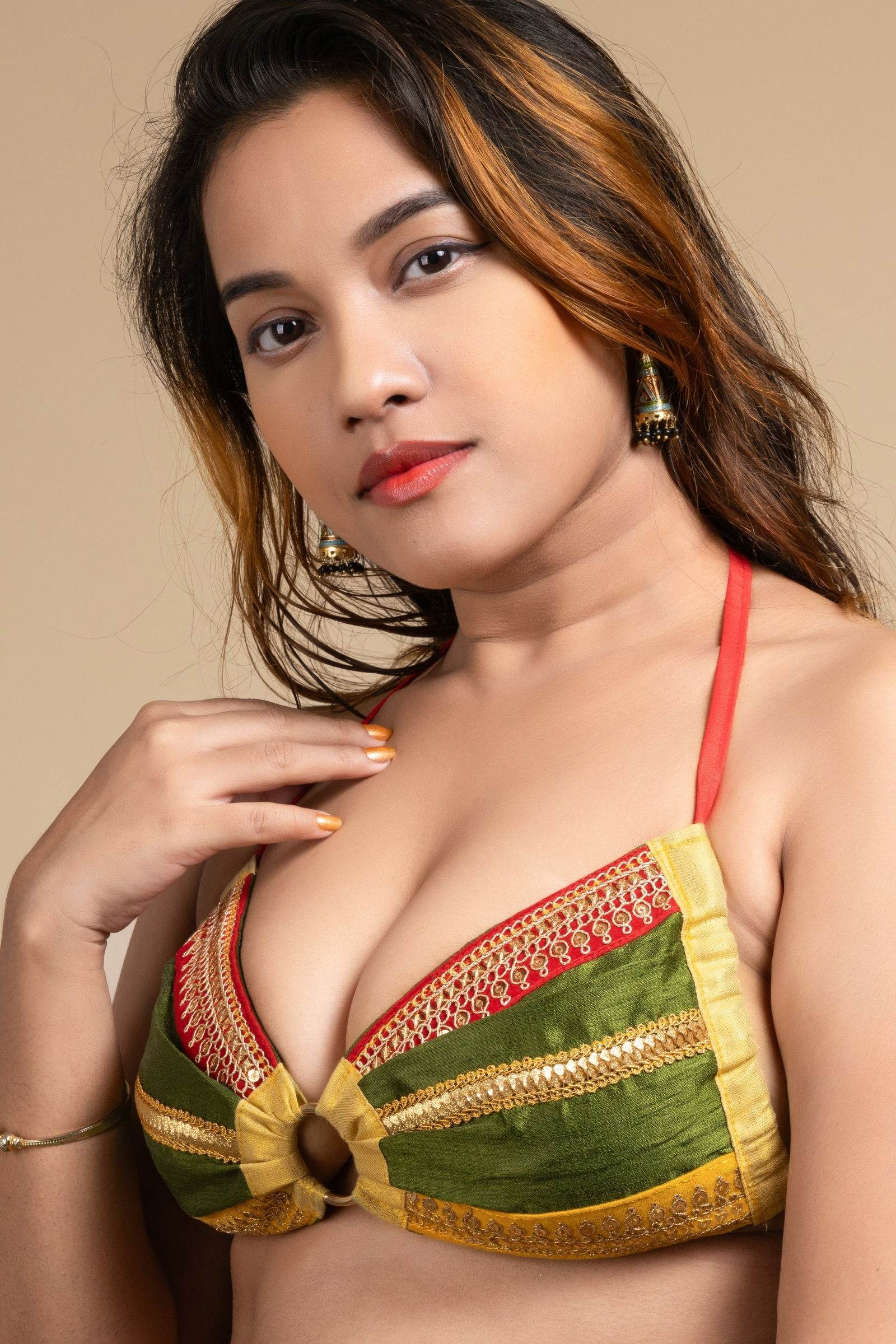 Designer Green Lace Work Backless Halter Neck Non Padded Bikini Blouse For Women - Lookandadorn.com