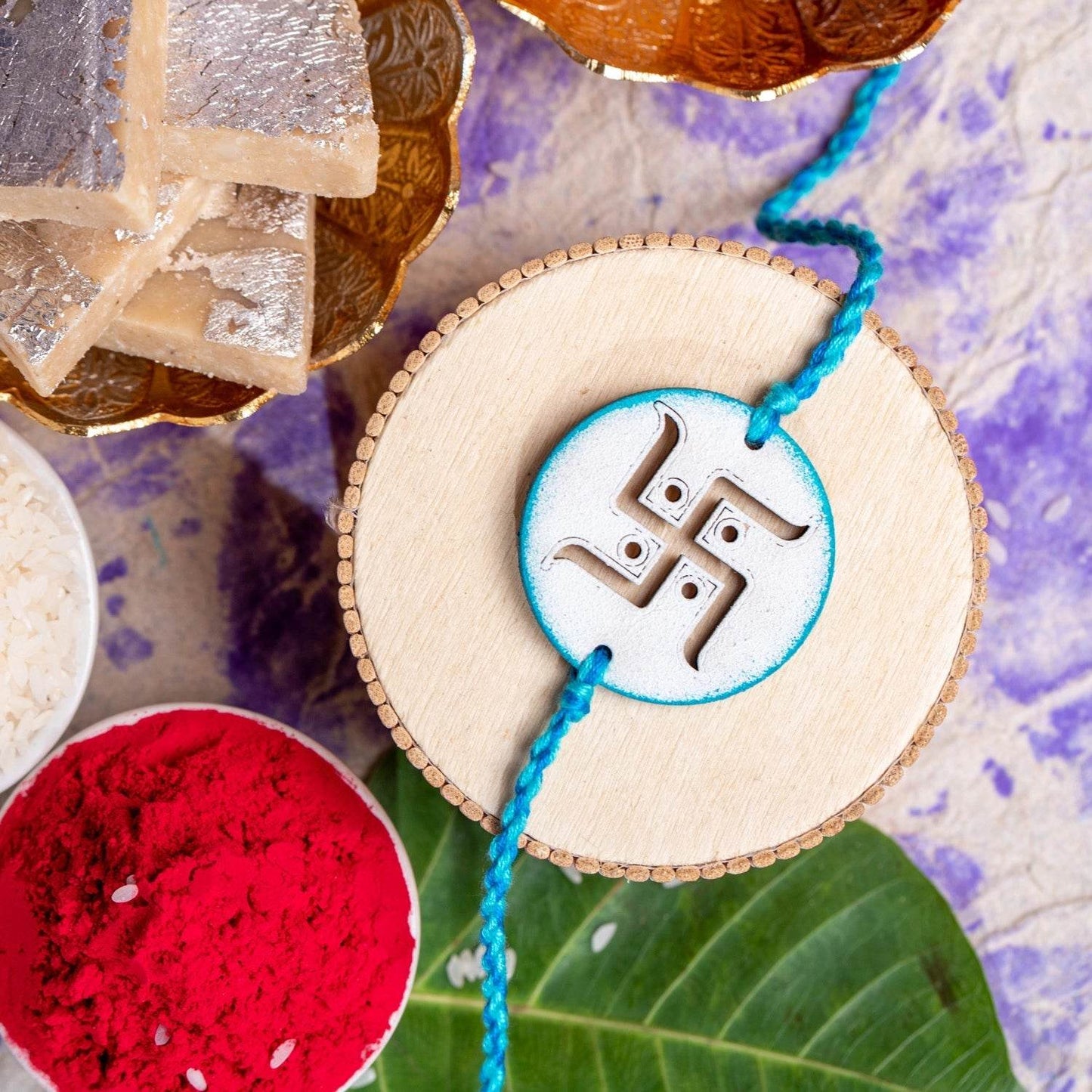 Designer Hand Painted Blue Swastik Rakhi With Roli & Chawal - Perfect Gift for Brothers & Men - Lookandadorn.com