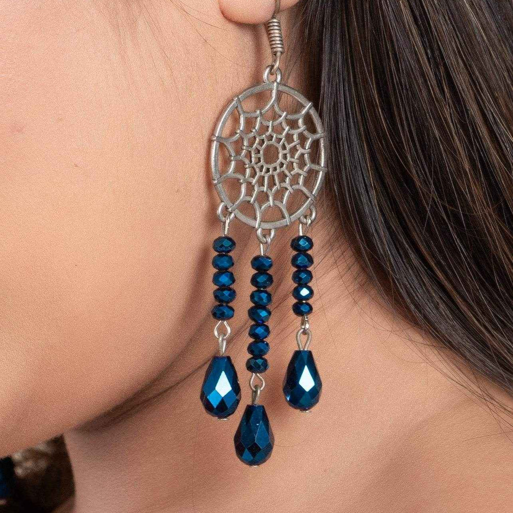 Designer Handmade Blue Crystal Earrings with Dreamcatcher Design in German Silver - Lookandadorn.com