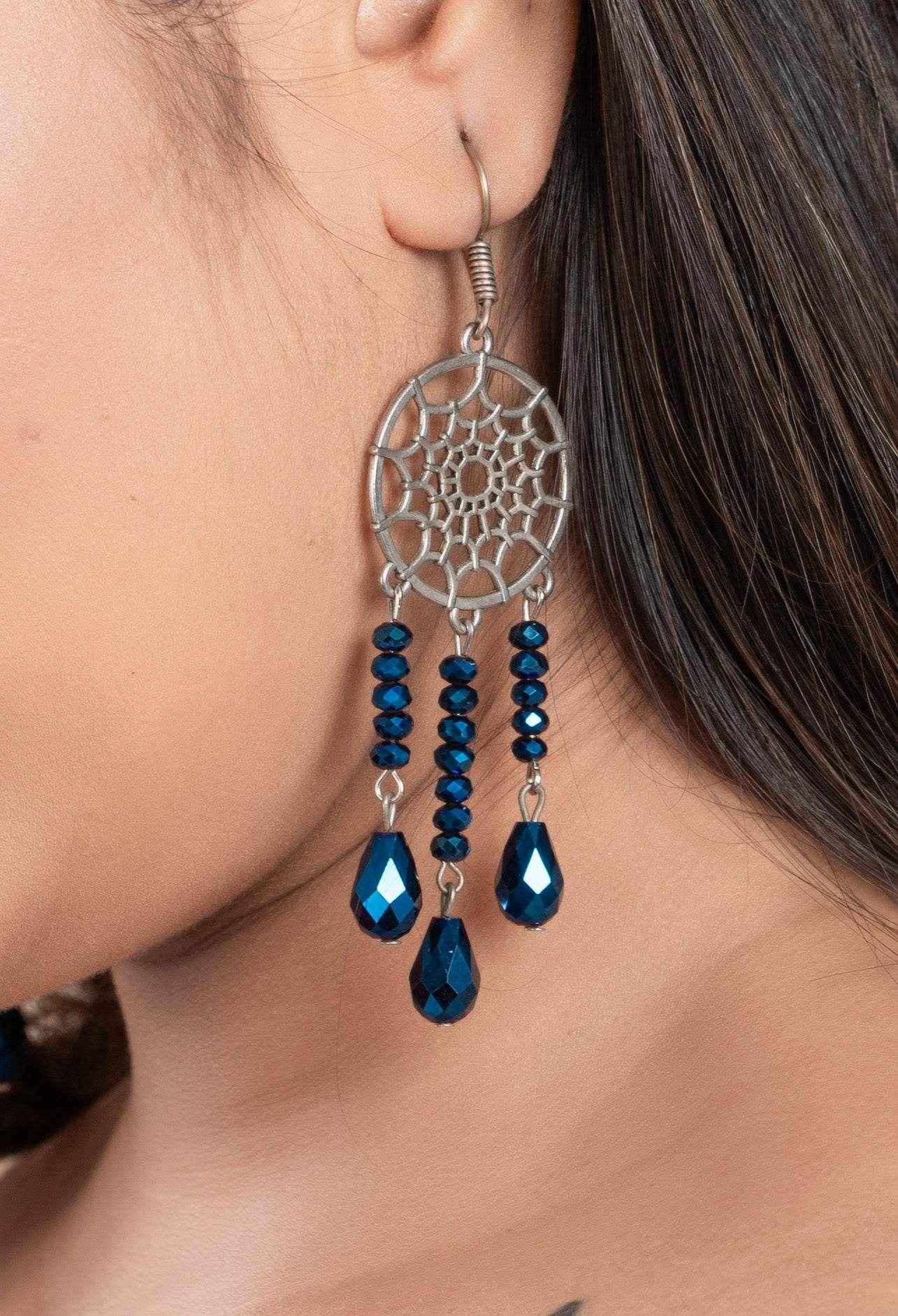 Designer Handmade Blue Crystal Earrings with Dreamcatcher Design in German Silver - Lookandadorn.com