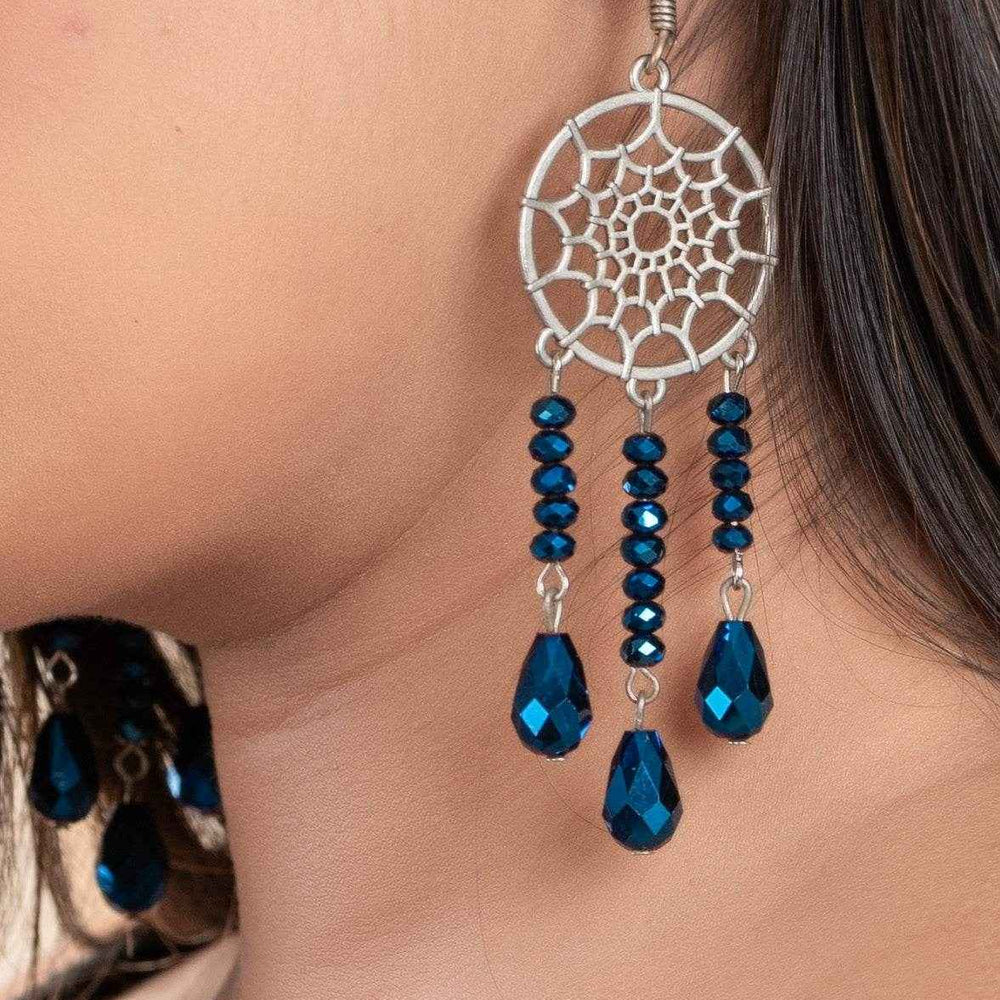 Designer Handmade Blue Crystal Earrings with Dreamcatcher Design in German Silver - Lookandadorn.com