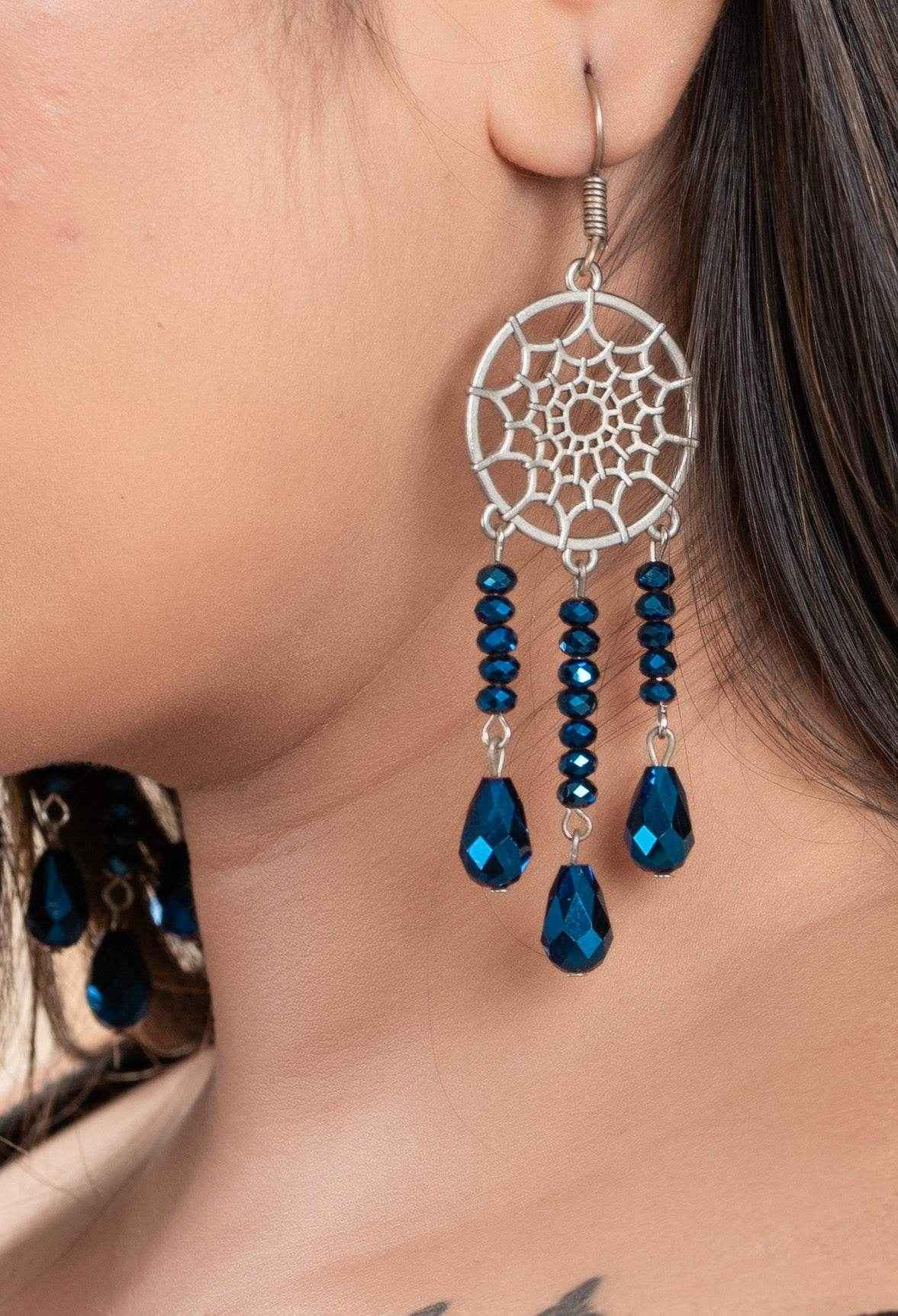 Designer Handmade Blue Crystal Earrings with Dreamcatcher Design in German Silver - Lookandadorn.com