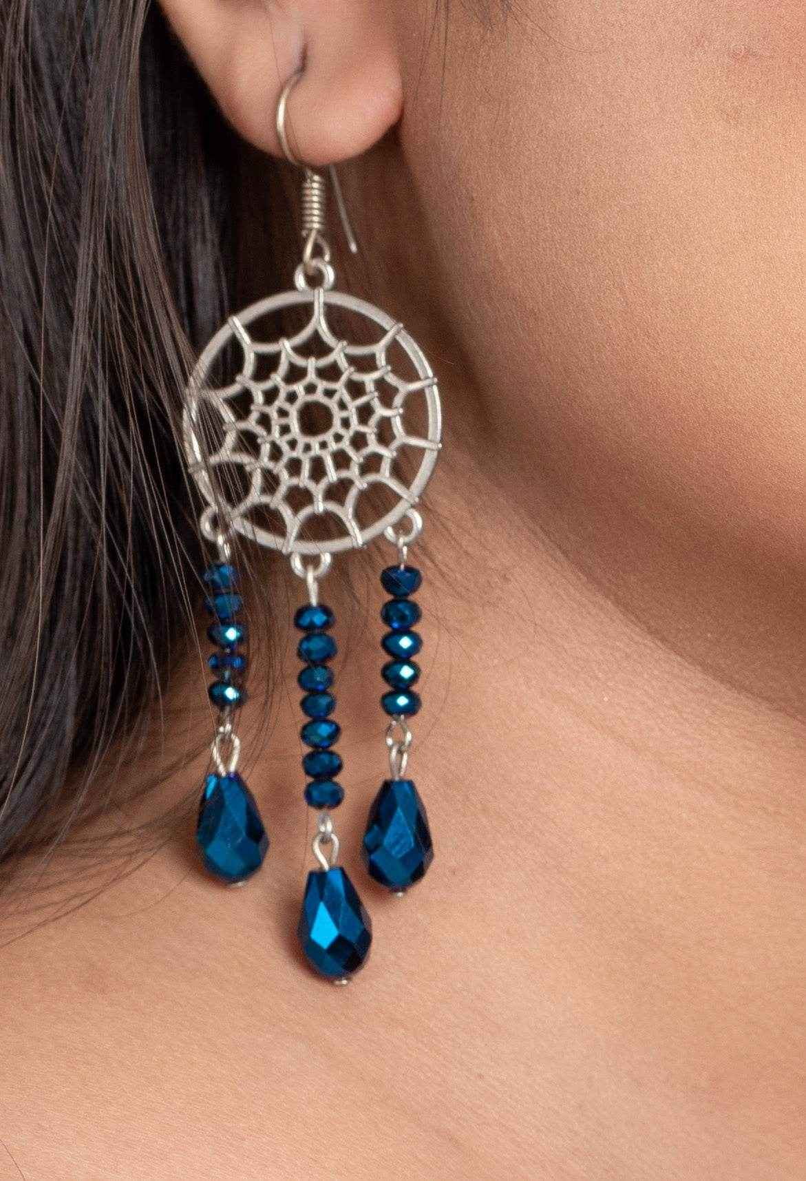 Designer Handmade Blue Crystal Earrings with Dreamcatcher Design in German Silver - Lookandadorn.com