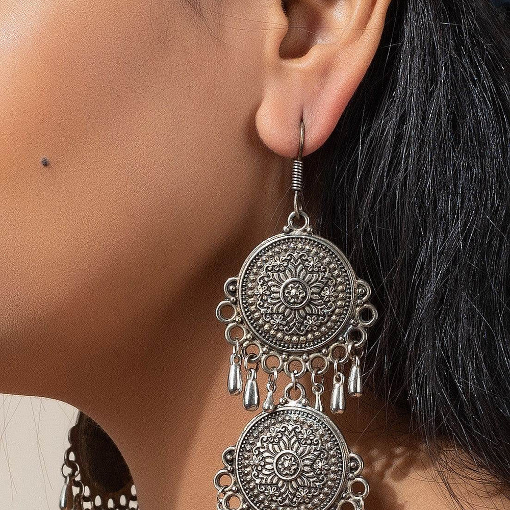 Designer German Silver Double Floral Dangler with Faux Rudraksh and Droplets Earrings - Lookandadorn.com