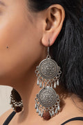 Designer German Silver Double Floral Dangler Earrings