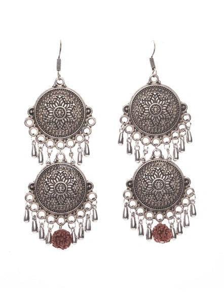 Designer German Silver Double Floral Dangler with Faux Rudraksh and Droplets Earrings - Lookandadorn.com
