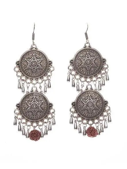 Designer German Silver Double Floral Dangler with Faux Rudraksh and Droplets Earrings - Lookandadorn.com