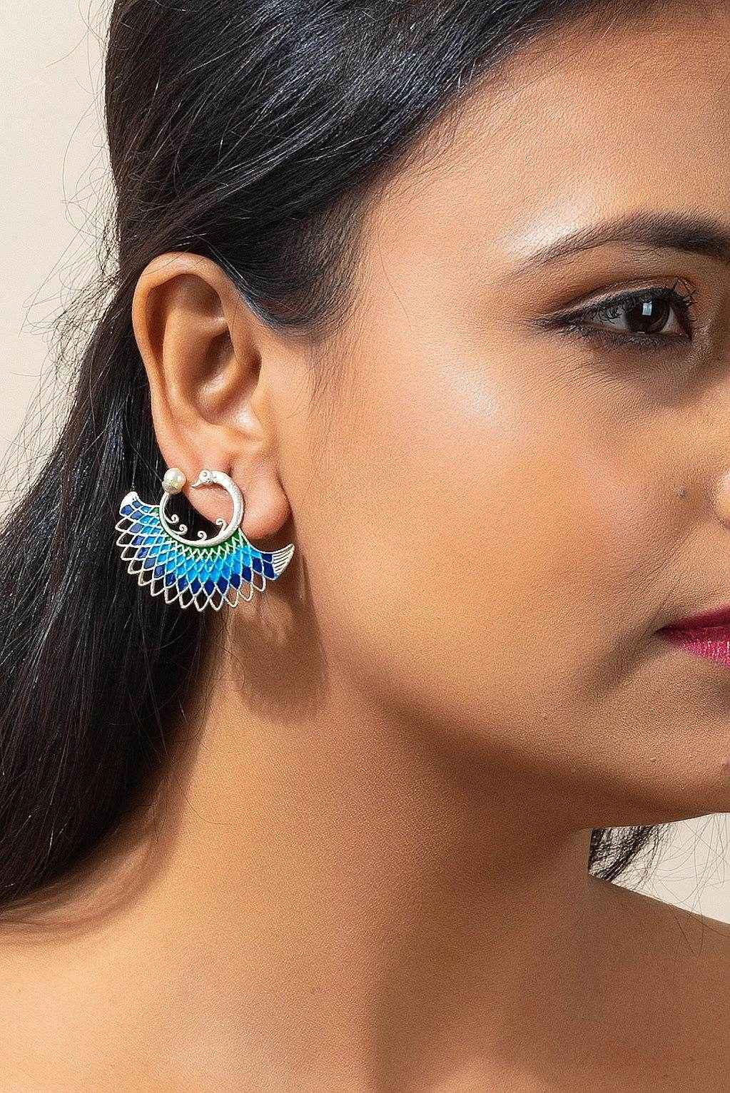 Designer Oxidized Silver Peacock Stud Earrings with Green Blue Meena and Faux Pearl Accents - Lookandadorn.com
