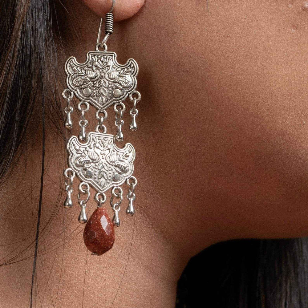Handmade Sandstone Drop Earrings - Designer German Silver Two-Layer Dangle Style for All Occasions - Lookandadorn.com