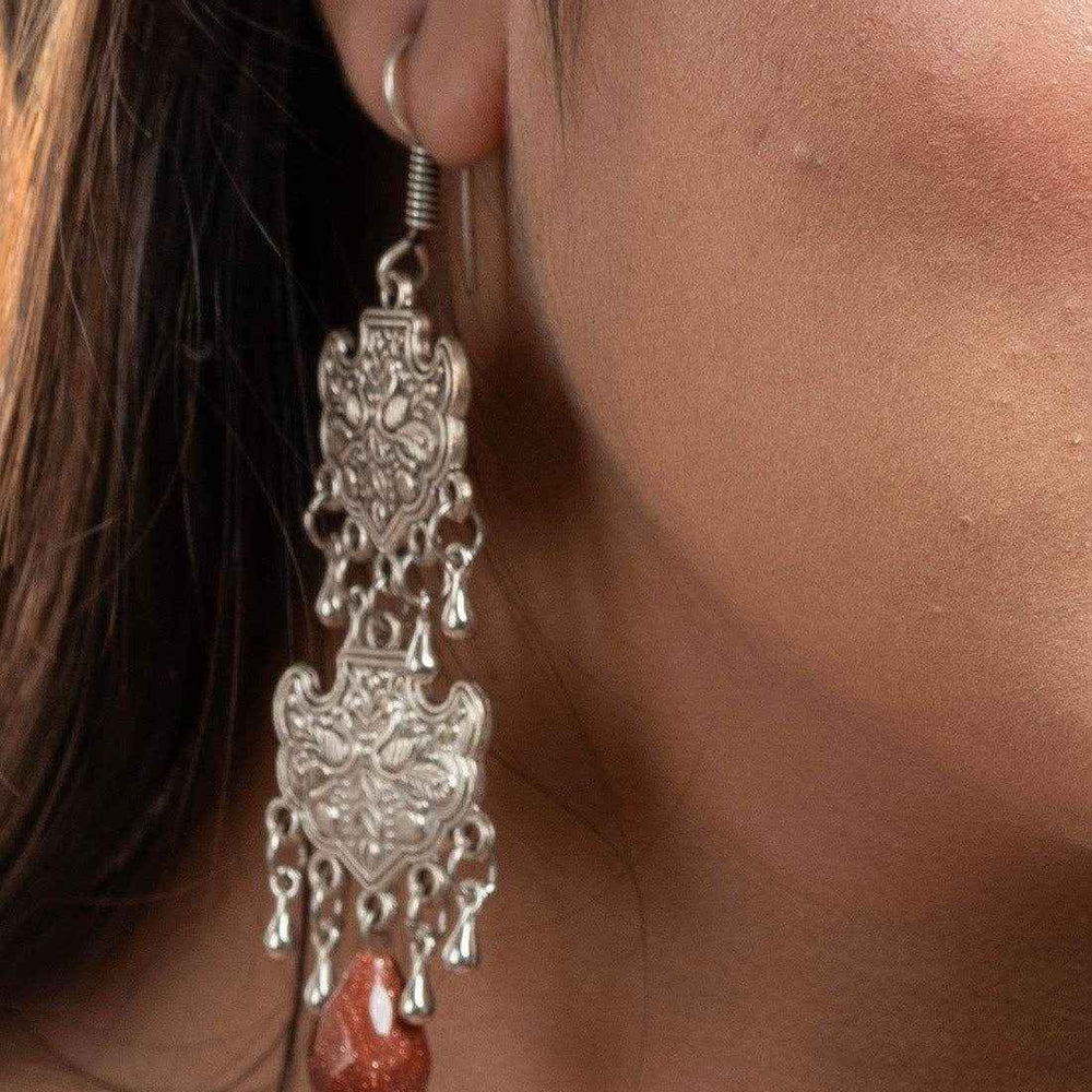 Handmade Sandstone Drop Earrings - Designer German Silver Two-Layer Dangle Style for All Occasions - Lookandadorn.com